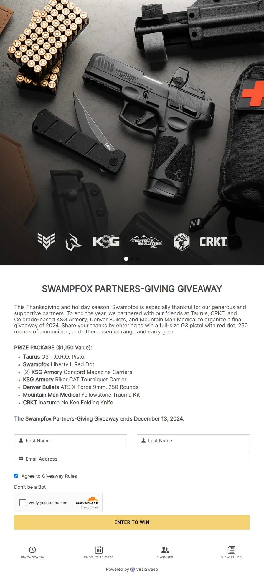 Win a Taurus G3, Red Dot & More in Swampfox Partners-Giving Giveaway!