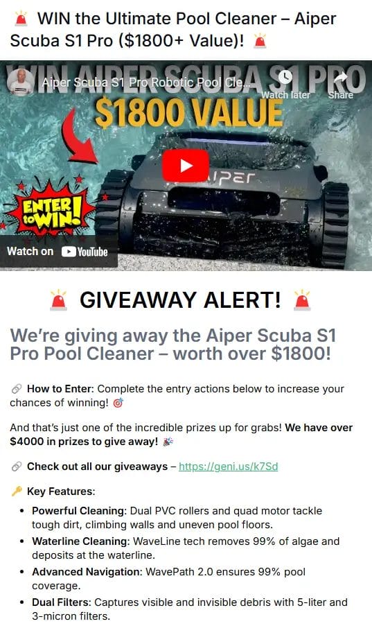 Aiper Scuba S1 Pro Pool Cleaner Giveaway – Win $1800+ Value!