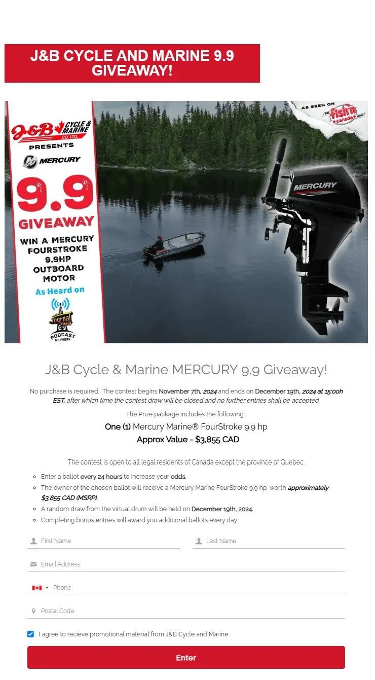 J&B Cycle & Marine Mercury 9.9 HP Giveaway by Fish'n Canada