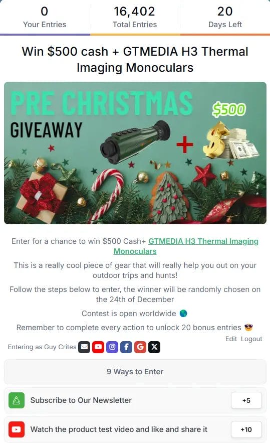 Win $500 Cash + GTMEDIA H3 Thermal Imaging Monoculars Giveaway