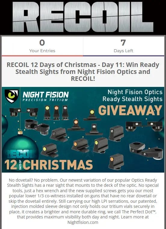 Win Night Fision Optics Ready Stealth Sights in RECOIL Giveaway!