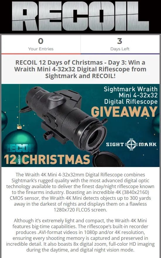 Win Sightmark Wraith Mini 4-32x32 Riflescope in RECOIL Giveaway!