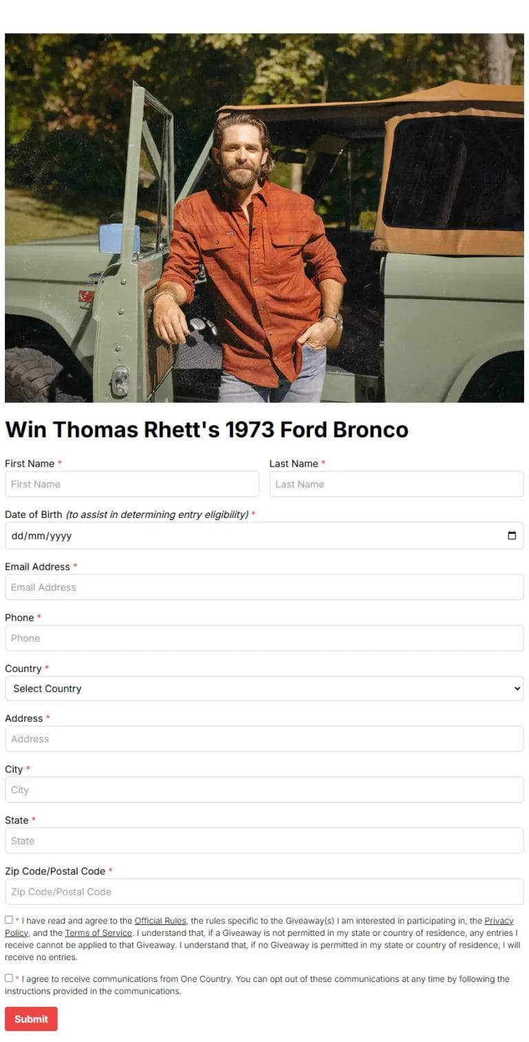 Win Thomas Rhett’s 1973 Ford Bronco in One Country Giveaway!
