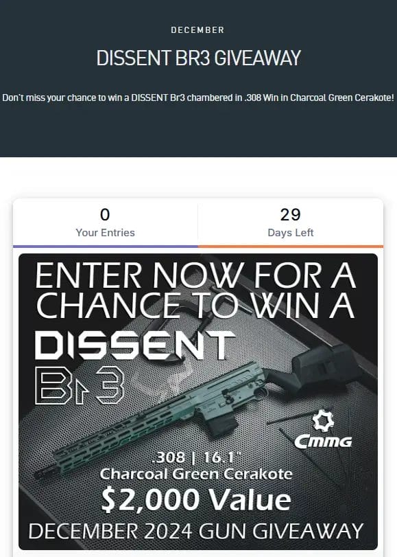 Win a CMMG DISSENT BR3 .308 Rifle – Enter the December Giveaway Now!
