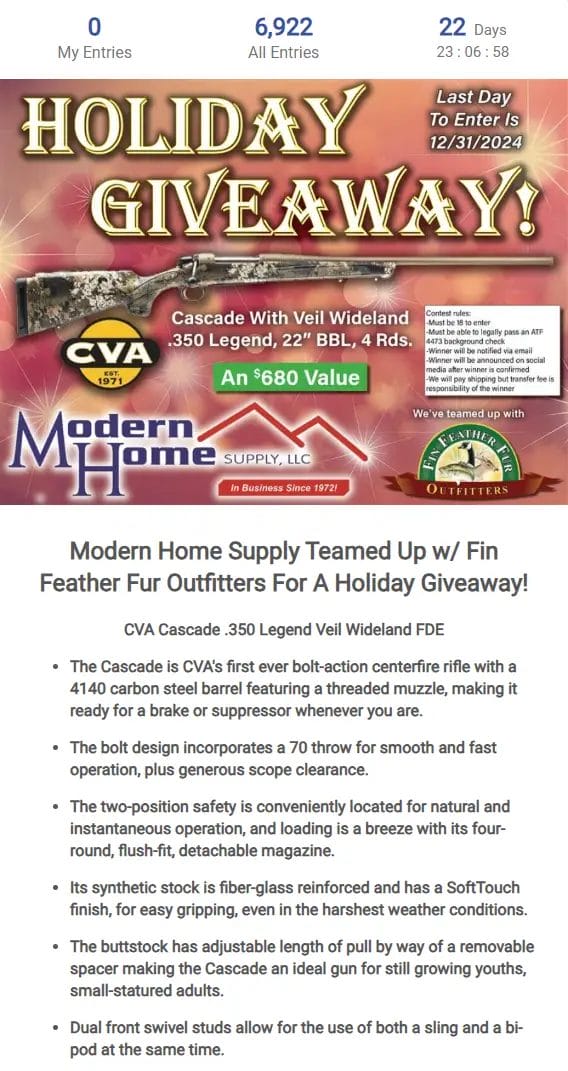 Win a CVA Cascade .350 Legend Rifle – Fin Feather Fur Outfitters Giveaway!