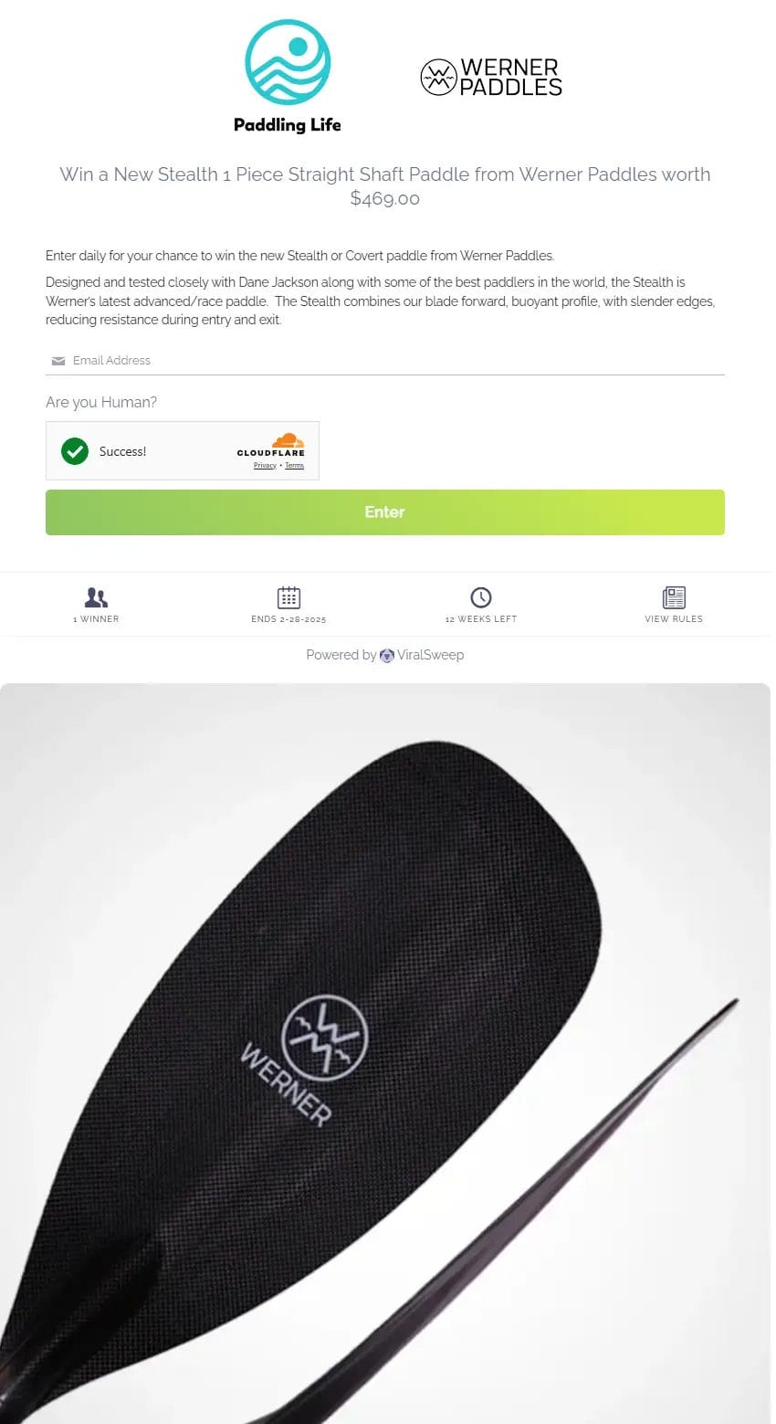 Win a Stealth 1-Piece Paddle from Werner Paddles - $469 Value